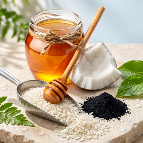 Ingredientes botánicos DulNat — miel, avena, carbón, arroz, coco